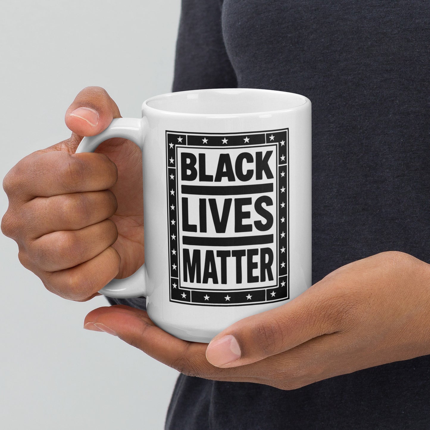 Front View Image: Black Lives Matter BLM White 15 oz Mug Front with Protest Graphic