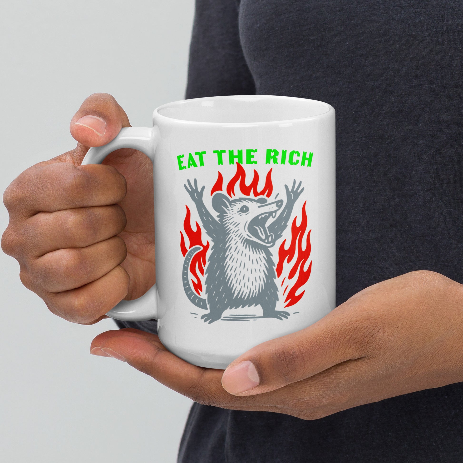 Front View Image: Eat The Rich Opossum 
15 oz white Mug – full front graphic with opossum and flames