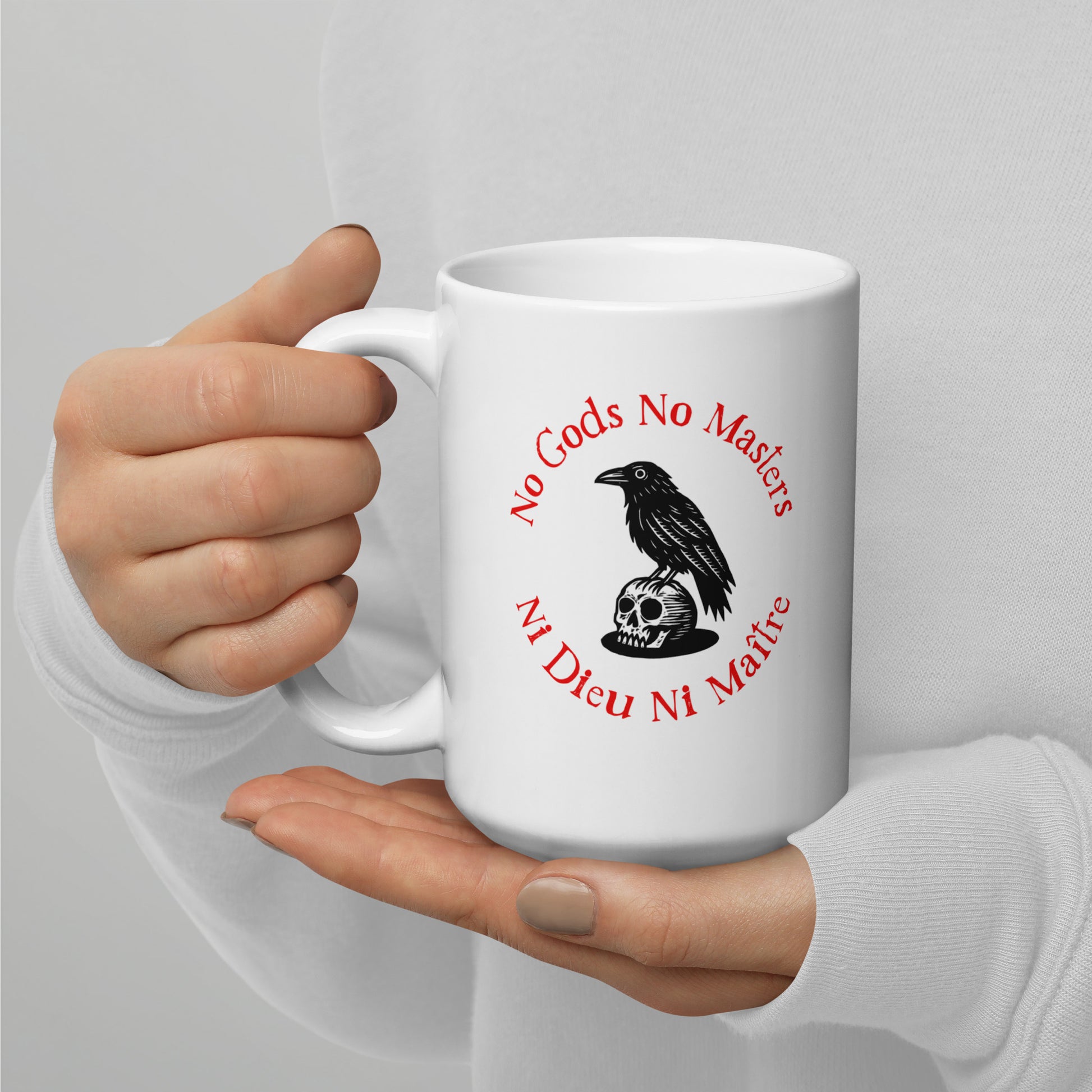 "No Gods No Masters / Ni Dieu Ni Maître" Raven Skull White 15 oz Glossy Mug