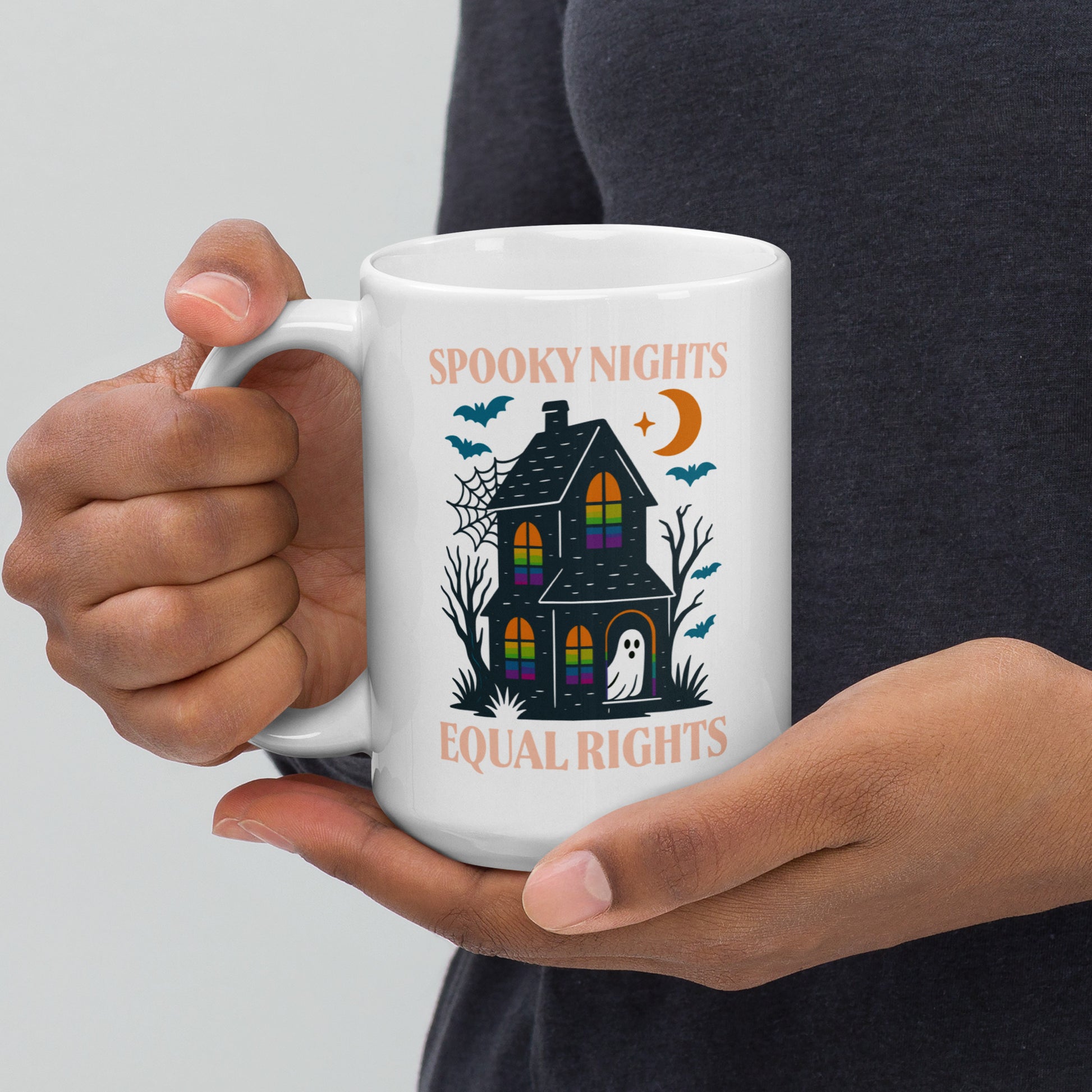 15 oz “Spooky Nights, Equal Rights” ceramic mug, haunted house and ghost print, Blue Wave progressive home & lifestyle drinkware.