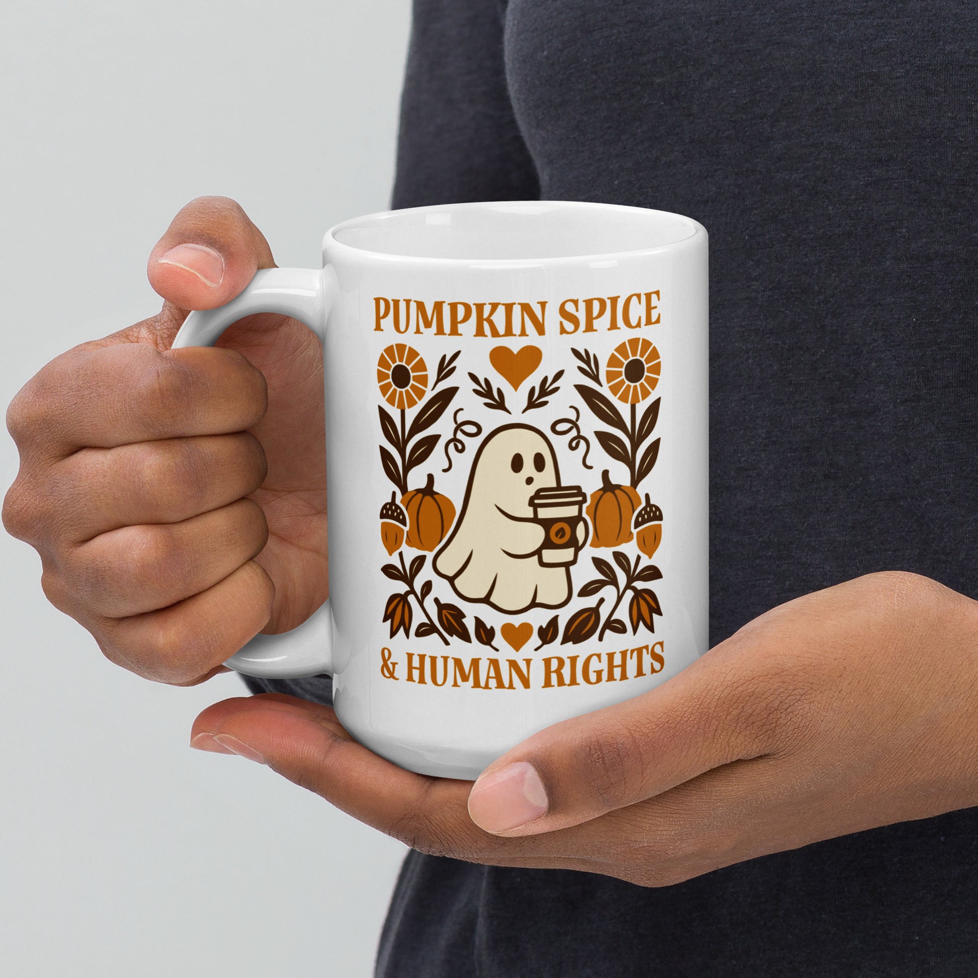 15 oz “Pumpkin Spice & Human Rights” ceramic mug, Blue Wave progressive fall drinkware celebrating kindness, coffee, and feminism.