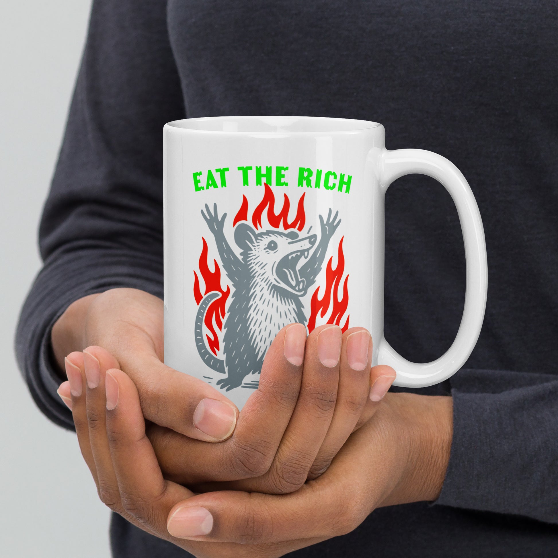 Front View Image: Eat The Rich Opossum 
15 oz white Mug – full front graphic with opossum and flames
