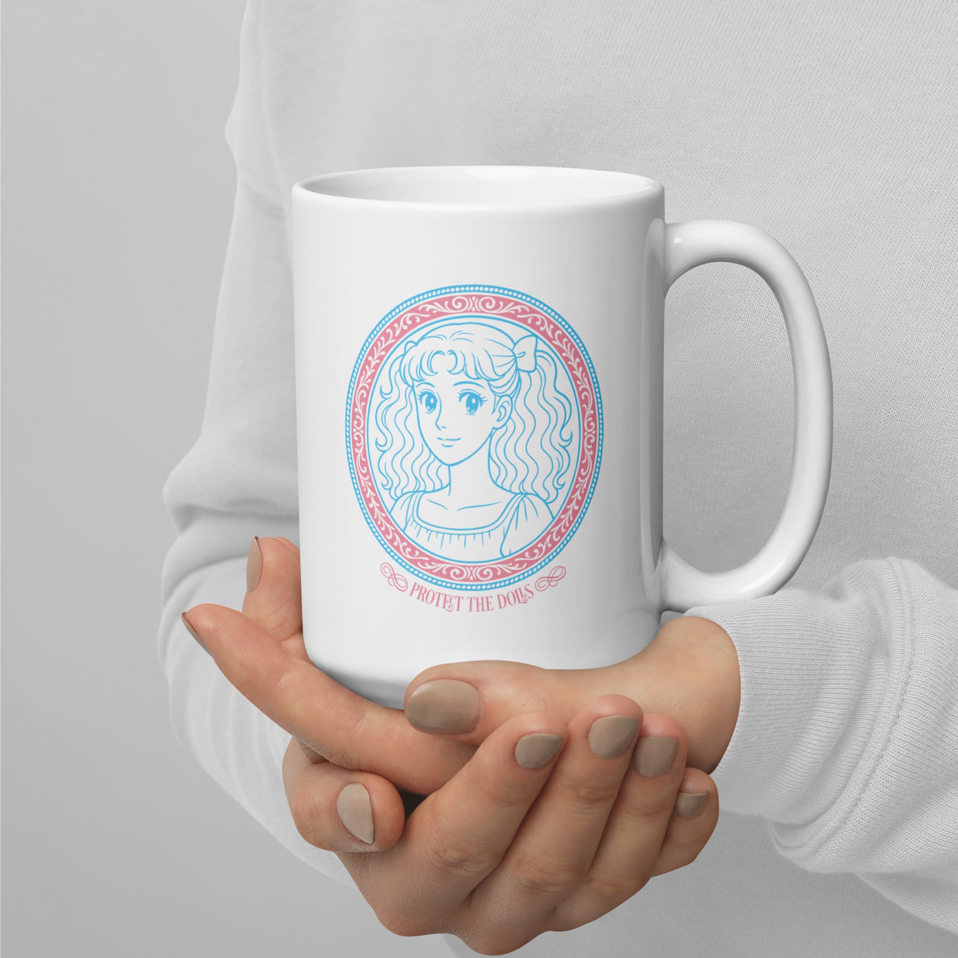Front View Image: Protect The Dolls 15 oz white mug featuring pastel anime-style trans pride graphic