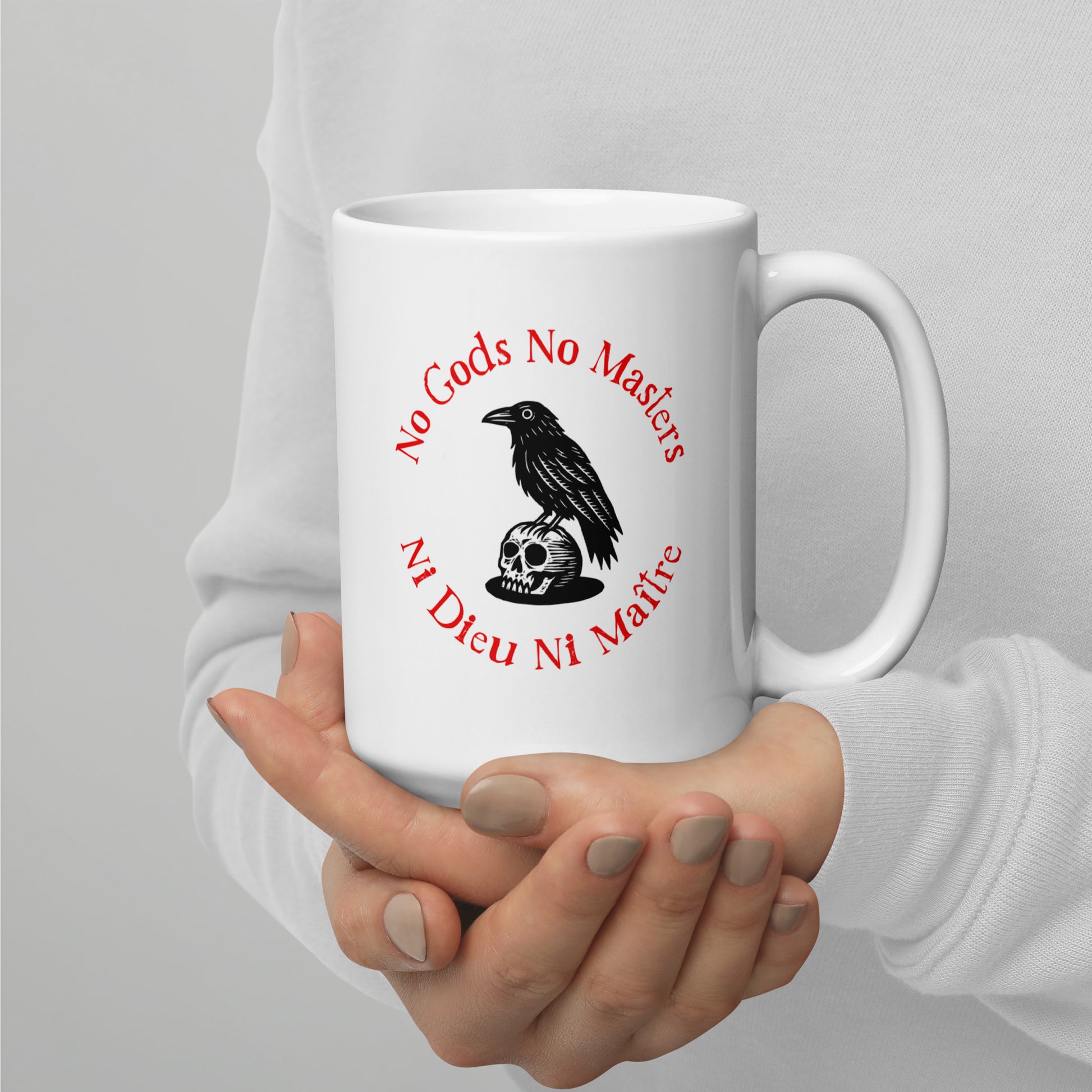 "No Gods No Masters / Ni Dieu Ni Maître" Raven Skull White 15 oz Glossy Mug