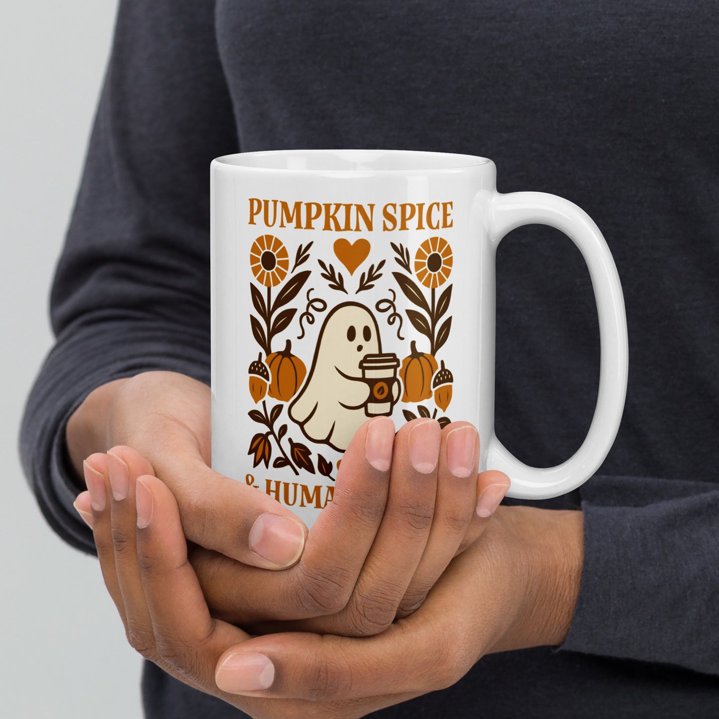 Activist mug featuring ghost holding pumpkin spice latte with floral design, “Pumpkin Spice & Human Rights” equality message.
