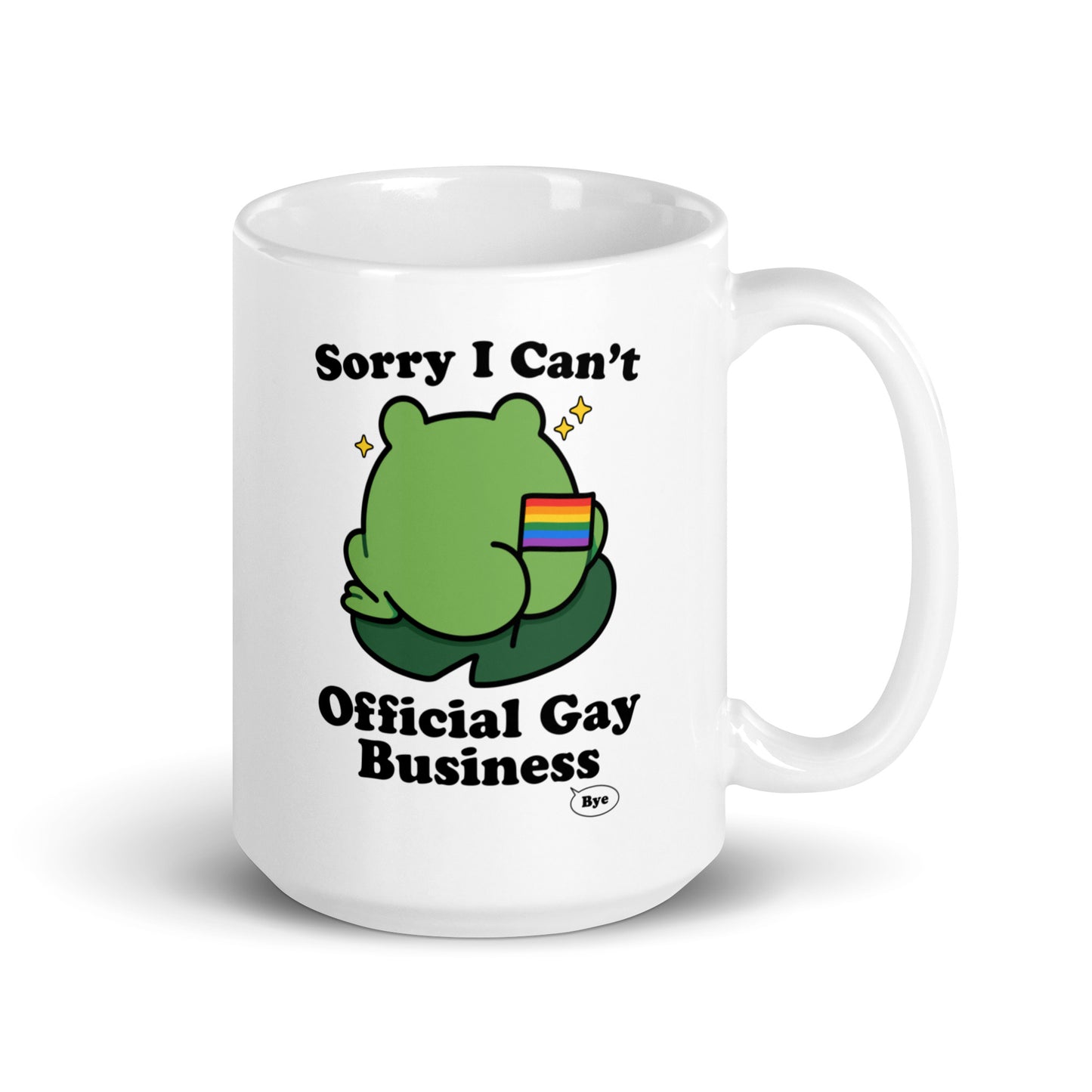 White coffee mug featuring a frog viewed from behind holding a rainbow flag with playful LGBTQ+ pride artwork and lighthearted humor.