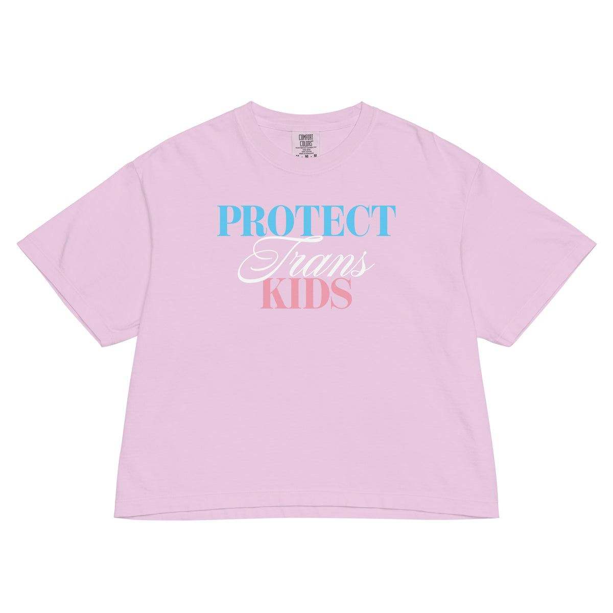 Light pink women’s boxy tee featuring the “Protect Trans Kids” typographic design supporting transgender youth and trans rights.