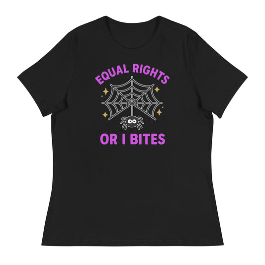 Black “Equal Rights or I Bites” spider web shirt, feminist and progressive Halloween design for activists and allies.