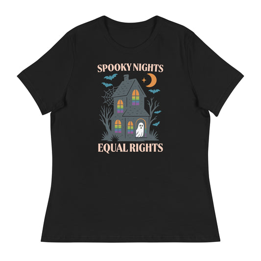 Black women’s relaxed T-shirt with “Spooky Nights, Equal Rights” haunted house and ghost design, Halloween feminist activism shirt.
