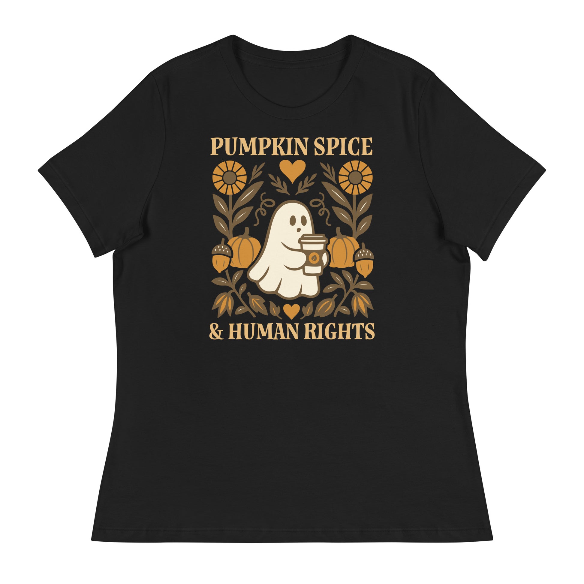 Black women’s relaxed fit t-shirt with “Pumpkin Spice & Human Rights” folk-art ghost design, cozy progressive fall Thanksgiving graphic.
