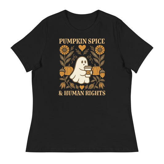 Black women’s relaxed fit t-shirt with “Pumpkin Spice & Human Rights” folk-art ghost design, cozy progressive fall Thanksgiving graphic.