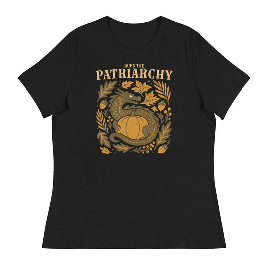 Flat black “Burn the Patriarchy” women’s relaxed tee with dragon coiled around pumpkin, feminist autumn protest design.