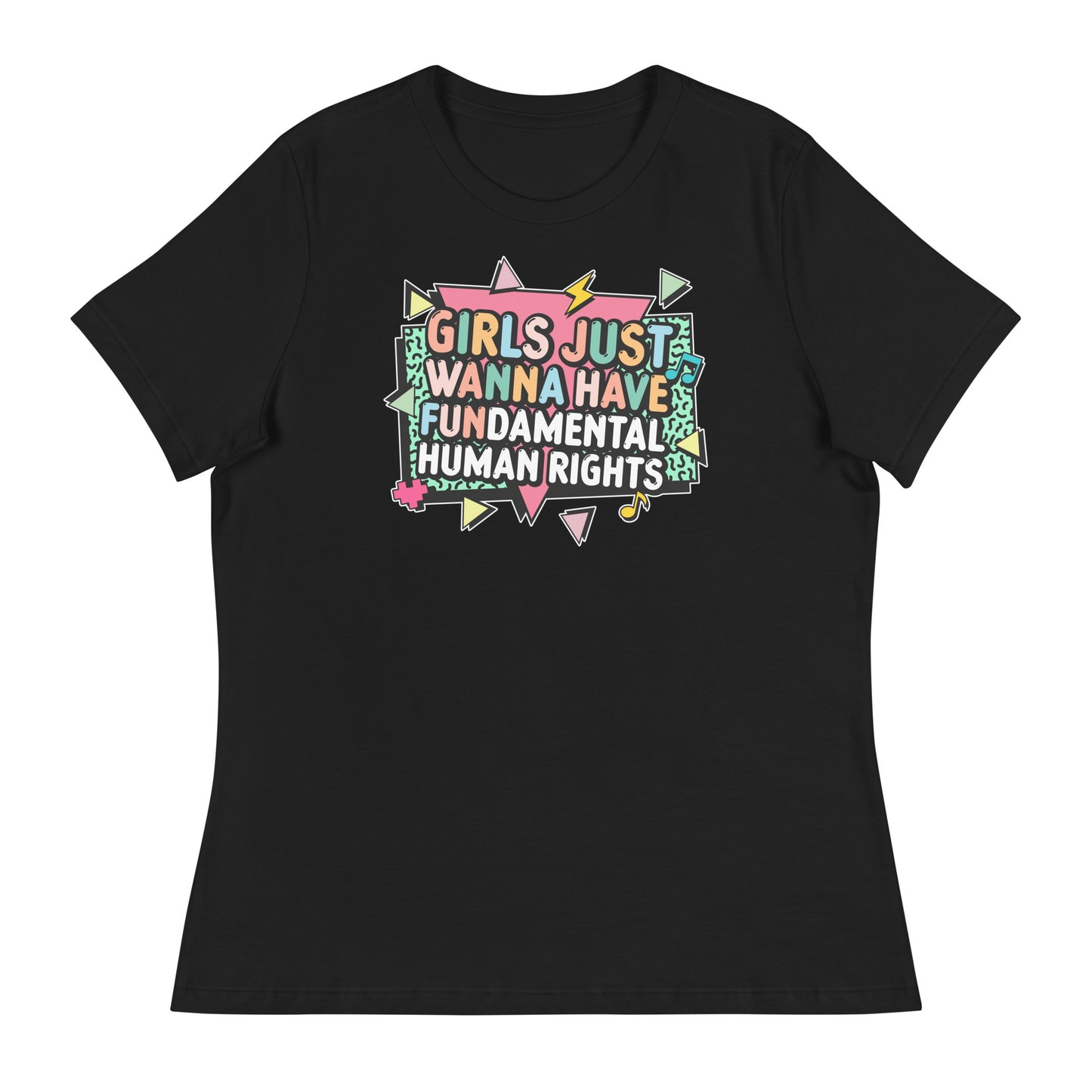 Black women’s relaxed-fit t-shirt featuring the retro slogan “Girls Just Wanna Have Fundamental Human Rights” in bright pastel lettering with geometric accents. Feminist statement tee by Blue Wave USA.