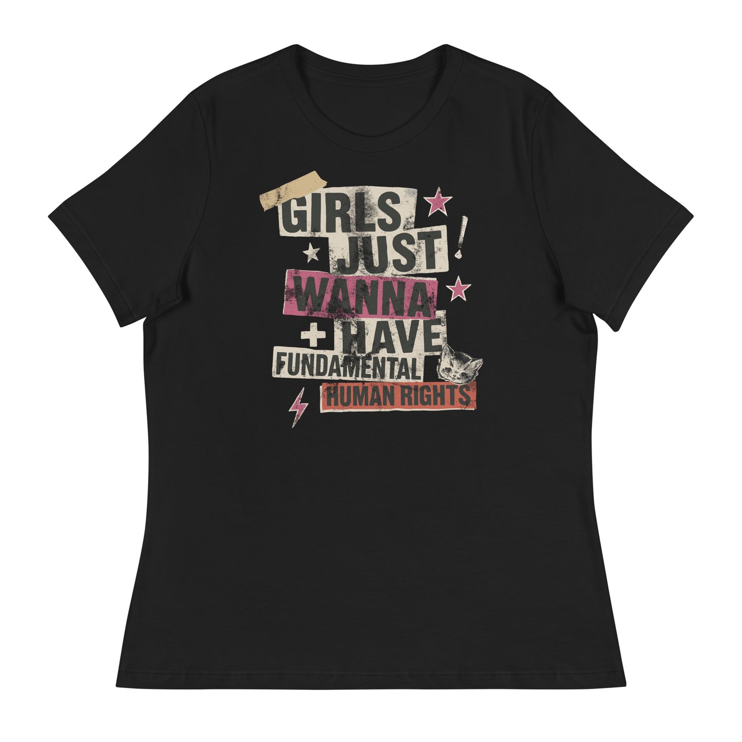Black women’s relaxed t-shirt featuring the punk collage text “Girls Just Wanna Have Fundamental Human Rights.” Grunge-style feminist tee with stars, tape textures, and lightning bolt details.