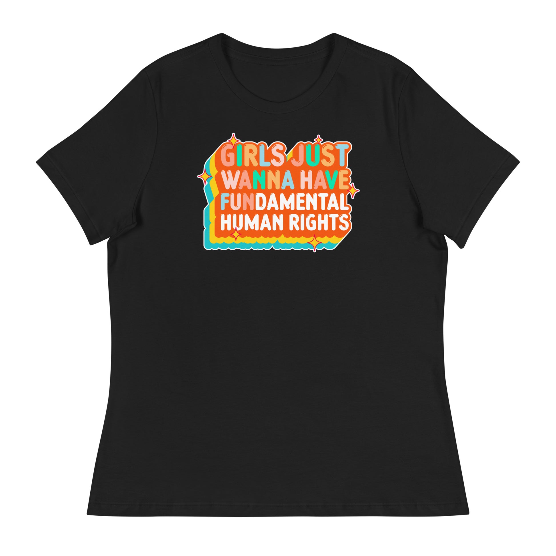 Black women’s relaxed t-shirt featuring groovy retro orange and teal text reading “Girls Just Wanna Have Fundamental Human Rights.” Vintage-inspired feminist design with sunset-style typography.