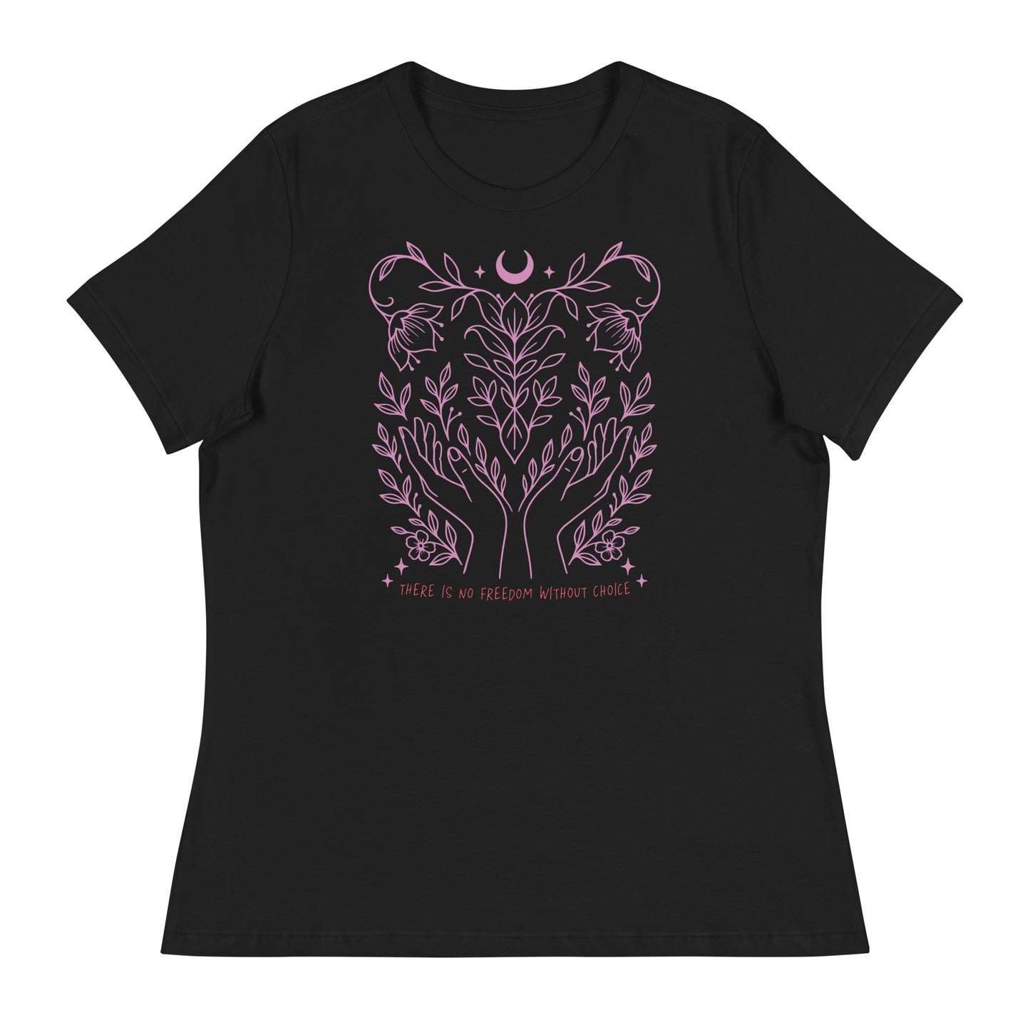 Black women’s relaxed tee with pink line art illustration of hands and plants surrounding a crescent moon. Minimal and elegant pro-choice message.