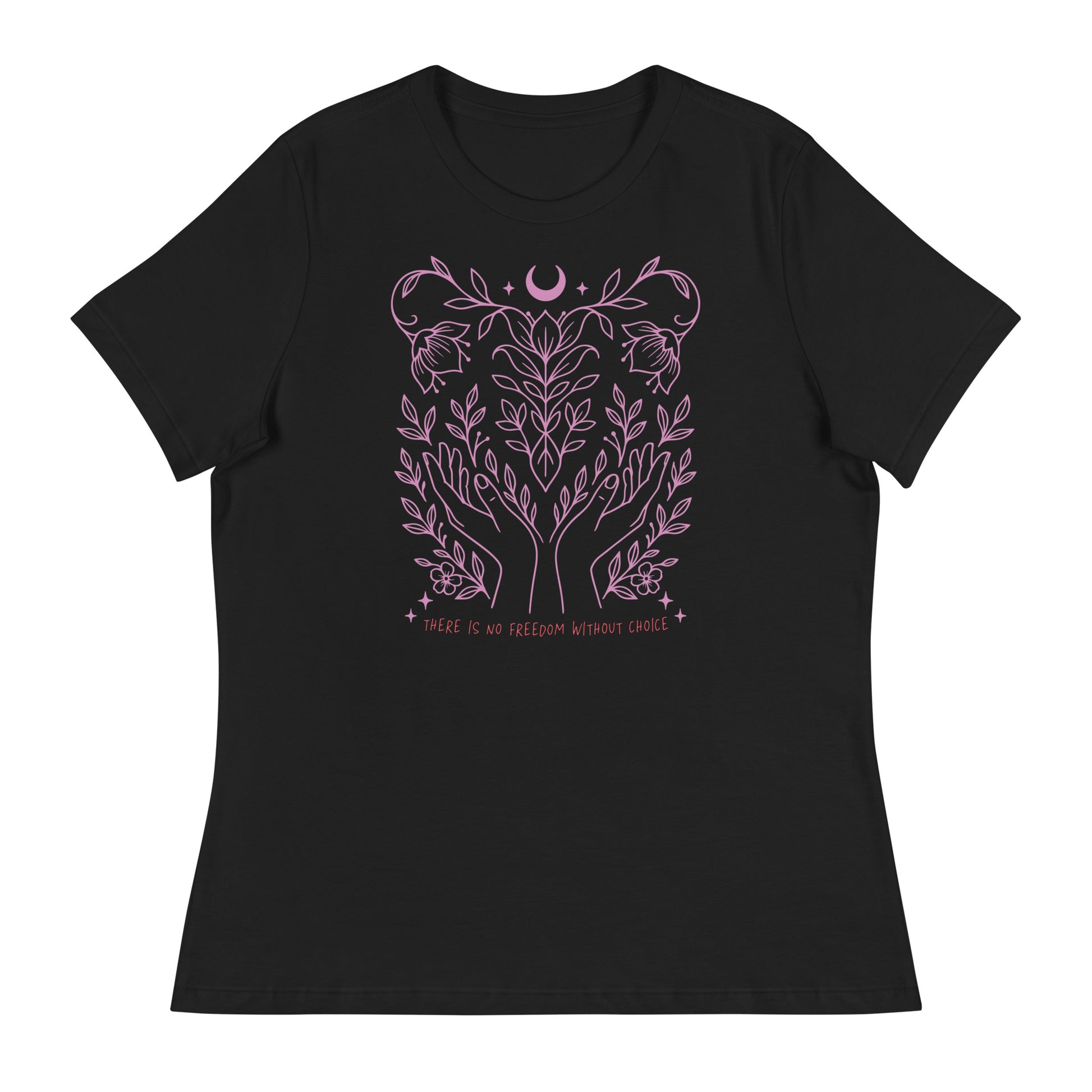 Black women’s relaxed tee with pink line art illustration of hands and plants surrounding a crescent moon. Minimal and elegant pro-choice message.