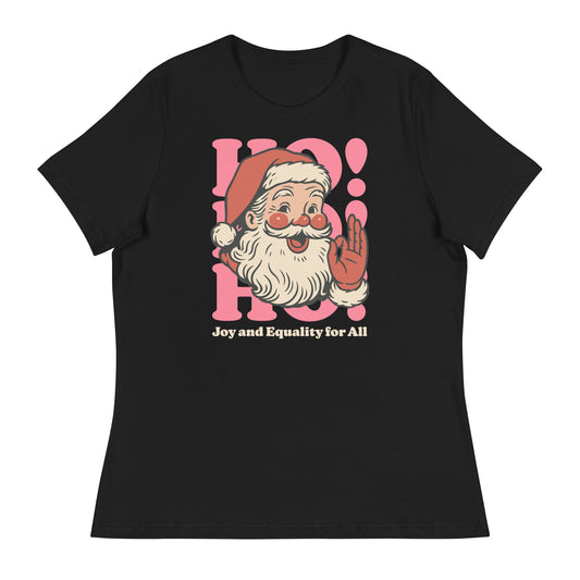 Black women’s tee featuring the smiling retro Santa illustration and inclusive message, part of Blue Wave USA’s progressive holiday line.