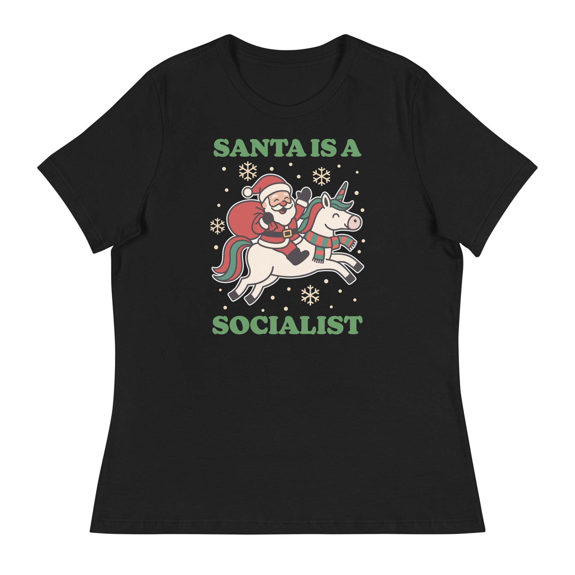 Black women’s relaxed t-shirt featuring a retro Santa riding a unicorn with holiday stars and the printed message “SANTA IS A SOCIALIST” in green lettering.