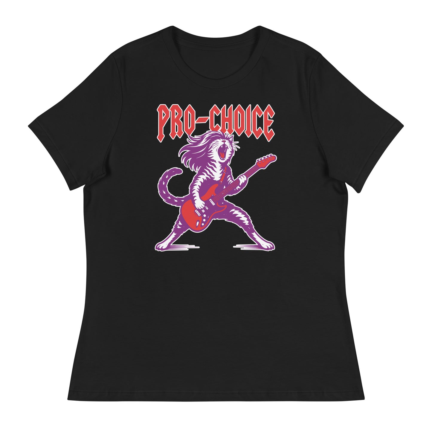 Black women’s relaxed t-shirt featuring a bold illustrated cat playing electric guitar in a heavy metal style, red lettering reading “PRO-CHOICE,” vibrant purple and pink graphic.