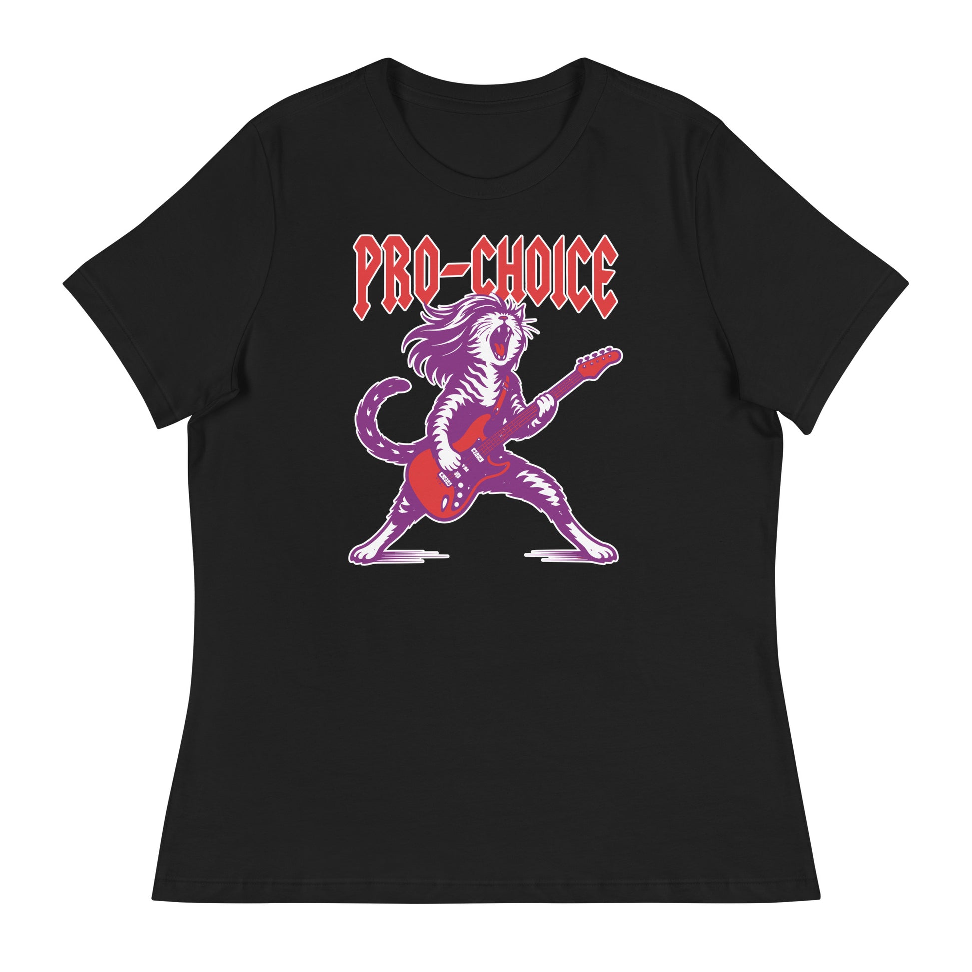 Black women’s relaxed t-shirt featuring a bold illustrated cat playing electric guitar in a heavy metal style, red lettering reading “PRO-CHOICE,” vibrant purple and pink graphic.
