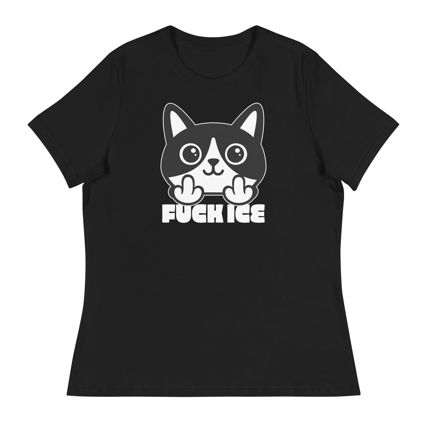 Black women’s relaxed t-shirt featuring bold graphic cartoon cat flipping the middle finger, thick white line art, centered layout, printed message “FUCK ICE,” black garment color.