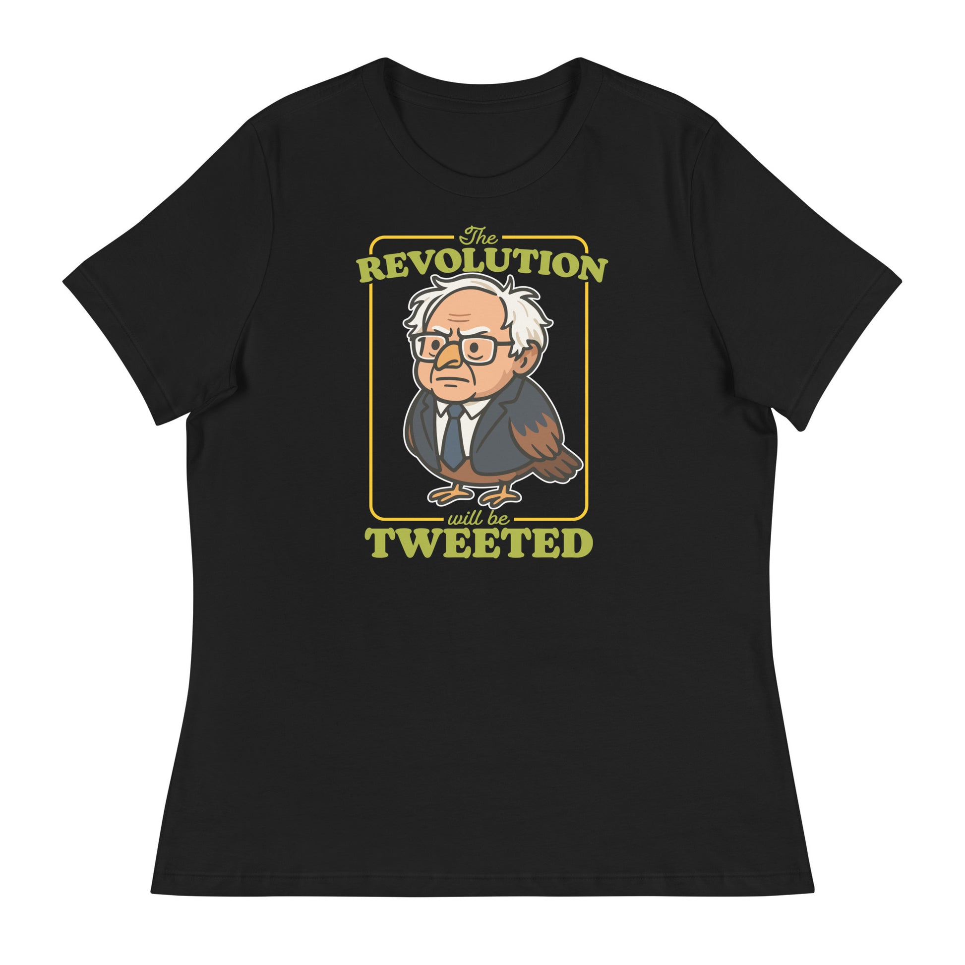 Black women’s relaxed tee displaying Birdie Sanders illustration with vintage revolution poster styling and tweeted slogan detail.