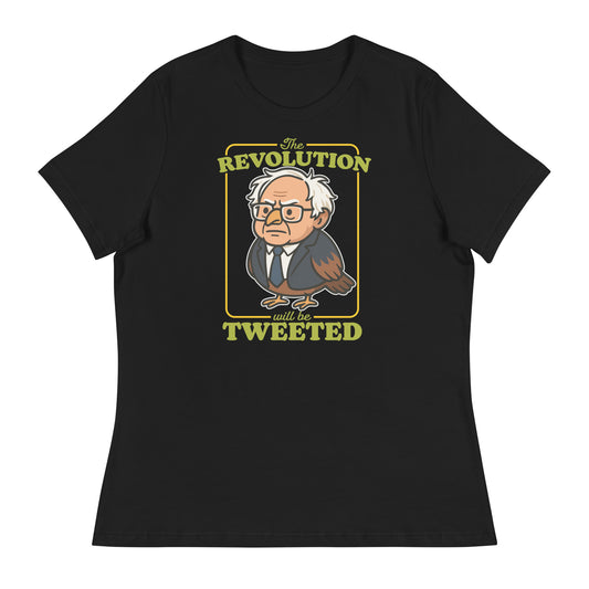 Black women’s relaxed tee displaying Birdie Sanders illustration with vintage revolution poster styling and tweeted slogan detail.