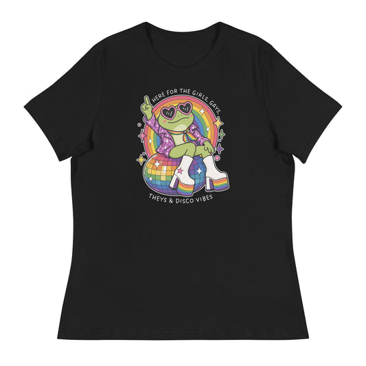 Black women’s relaxed t-shirt featuring a disco frog in platform boots and heart-shaped sunglasses sitting on a rainbow disco ball with colorful LGBTQ+ pride artwork.
