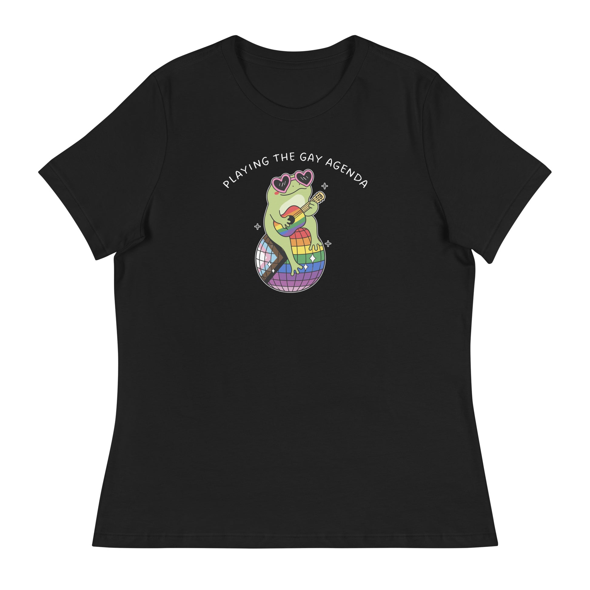 Black women’s relaxed pride t-shirt featuring a guitar-playing frog in heart-shaped sunglasses perched on a rainbow disco ball with “Playing the Gay Agenda” text.