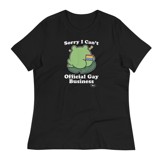 Black women’s relaxed pride t-shirt featuring a frog holding a rainbow flag with “Sorry I Can’t. Official Gay Business.” text and playful LGBTQ+ pride-inspired artwork.