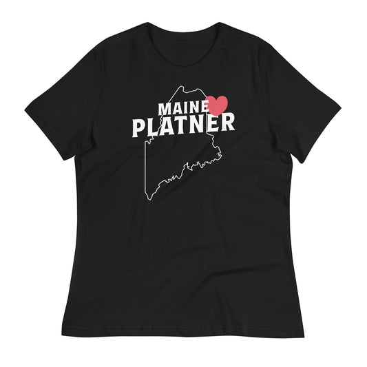 Black women’s relaxed t-shirt featuring the “Maine Loves Platner” design with a heart icon and Maine state outline supporting Graham Platner for Maine.
