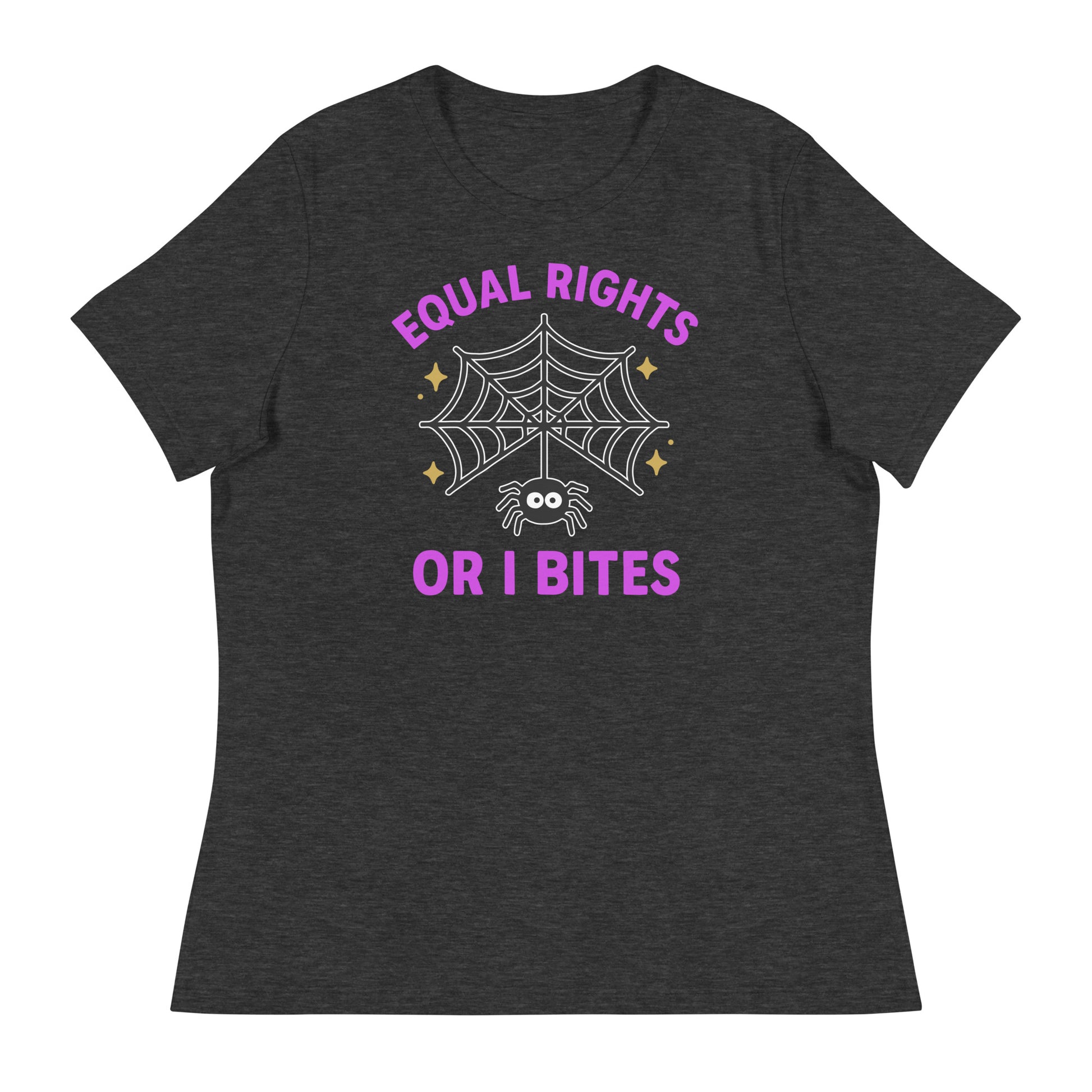 Heather gray “Equal Rights or I Bites” shirt with spider web and stars, political Halloween tee promoting women’s rights.