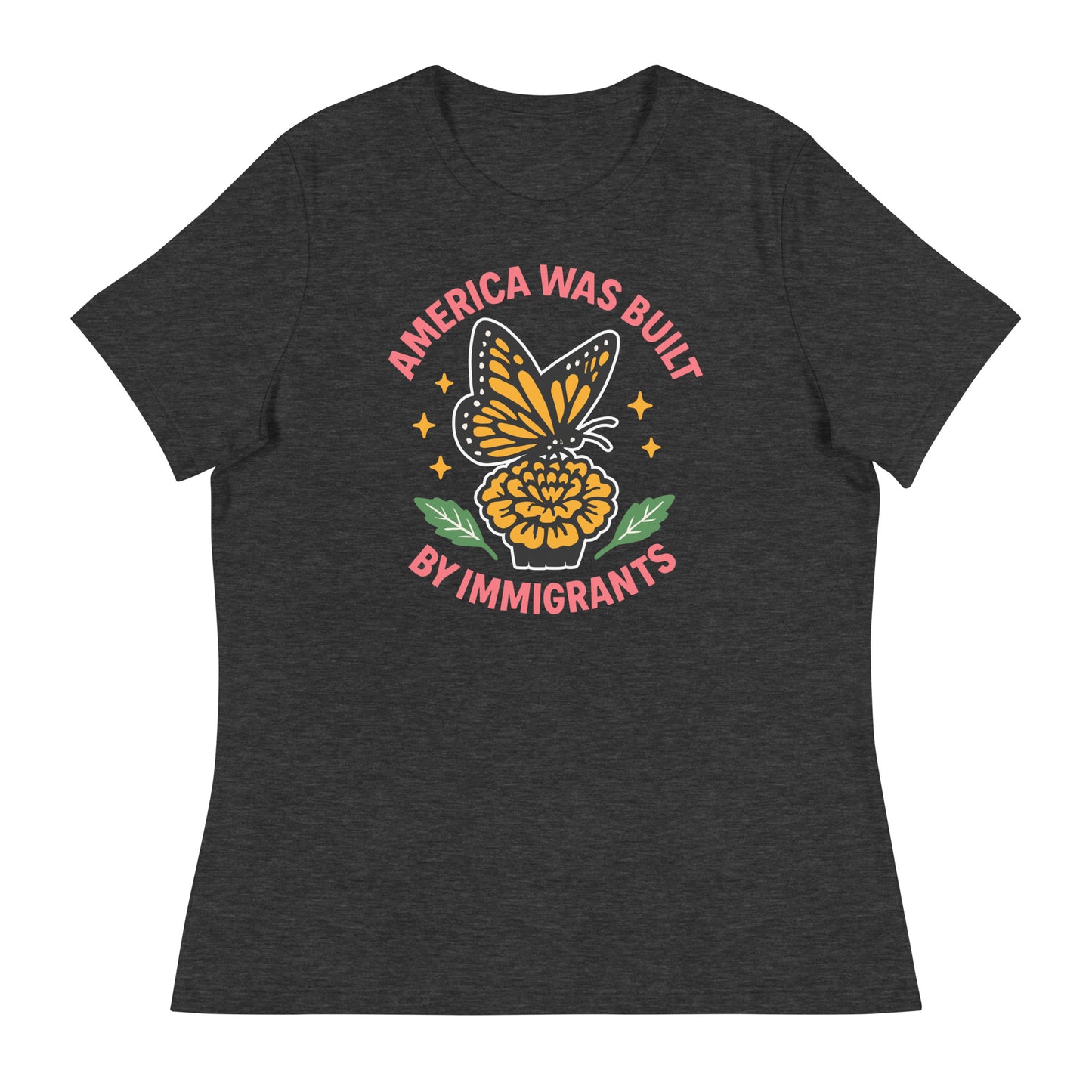Heather dark gray “America Was Built by Immigrants” women’s relaxed tee with butterfly and floral artwork, equality-focused Blue Wave clothing.