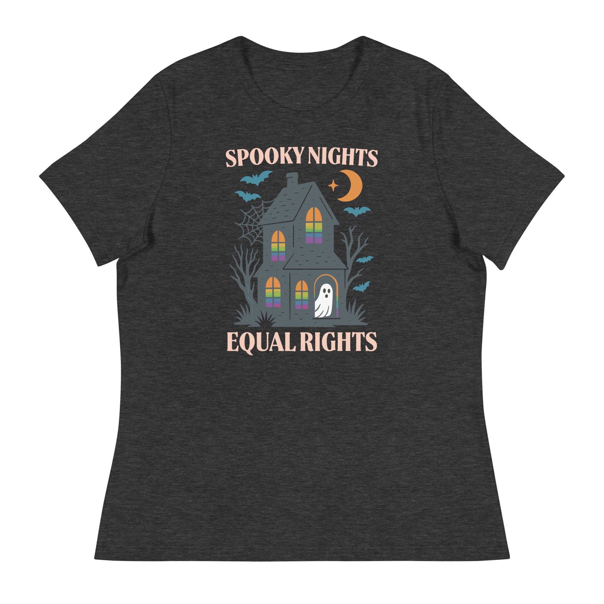Heather gray women’s Halloween shirt featuring rainbow-window haunted house, equality-themed design for October events.