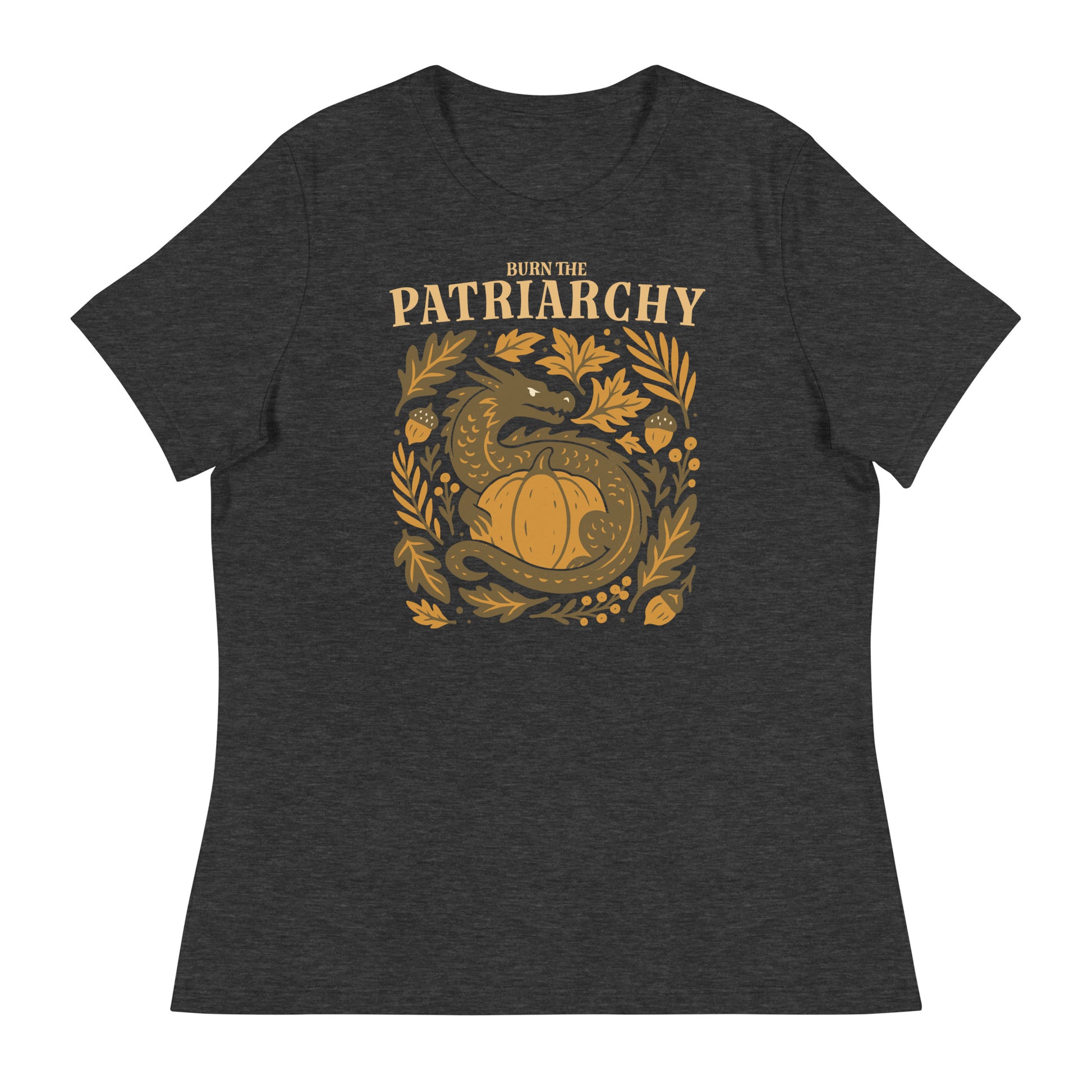 Heather gray “Burn the Patriarchy” feminist dragon shirt, soft fit activist apparel with acorns and vines.