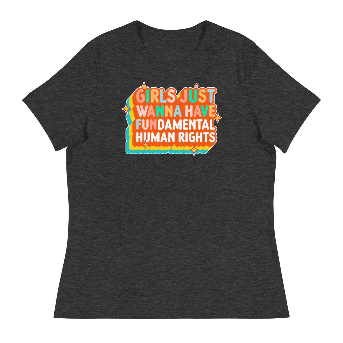 Heather gray relaxed t-shirt featuring layered orange-and-white retro text. Vintage feminist graphic with a warm, sunset vibe.