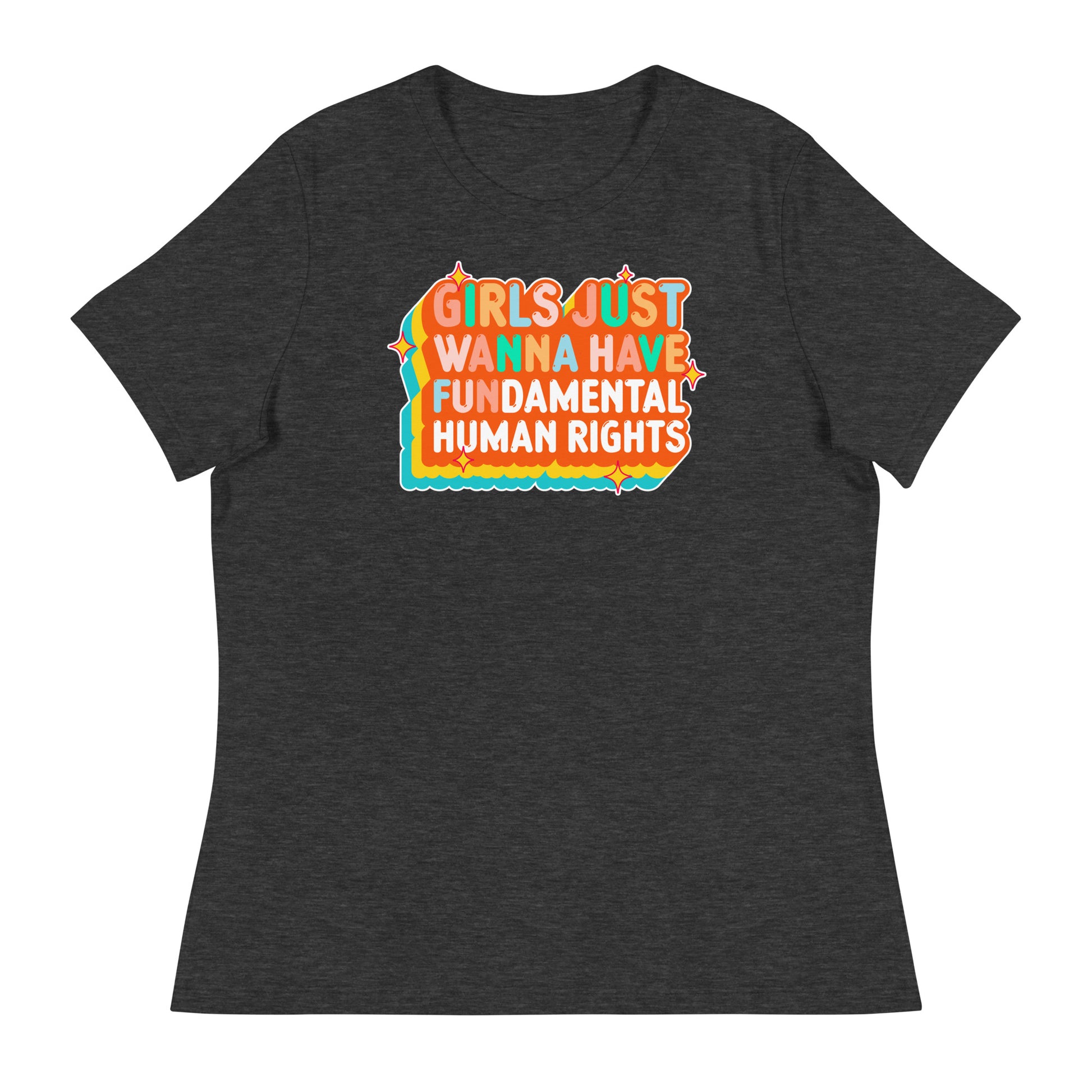 Heather gray relaxed t-shirt featuring layered orange-and-white retro text. Vintage feminist graphic with a warm, sunset vibe.