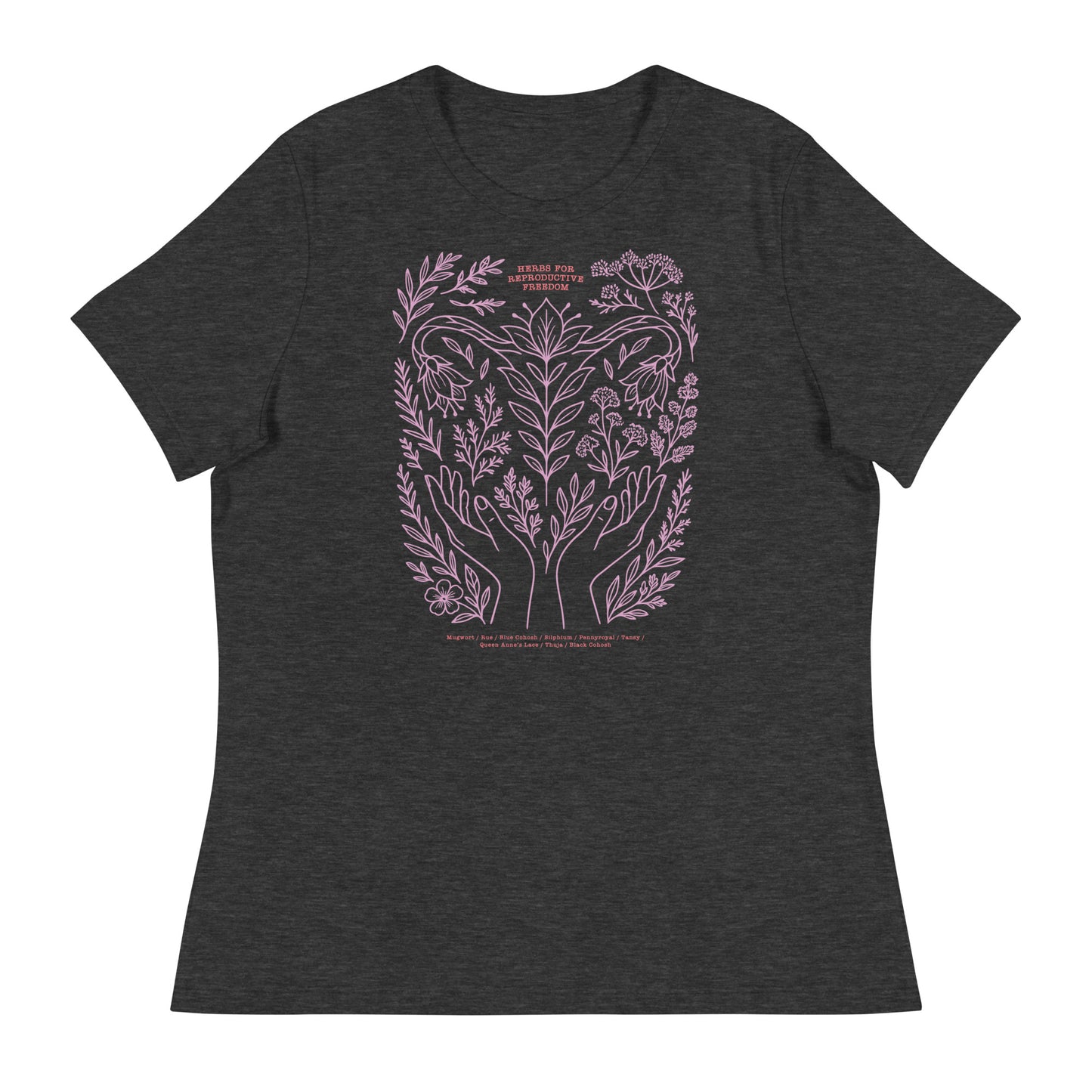 Dark heather gray relaxed tee featuring lavender botanical line art and the phrase “Herbs for Reproductive Freedom,” listing herbs such as mugwort, rue, and blue cohosh.