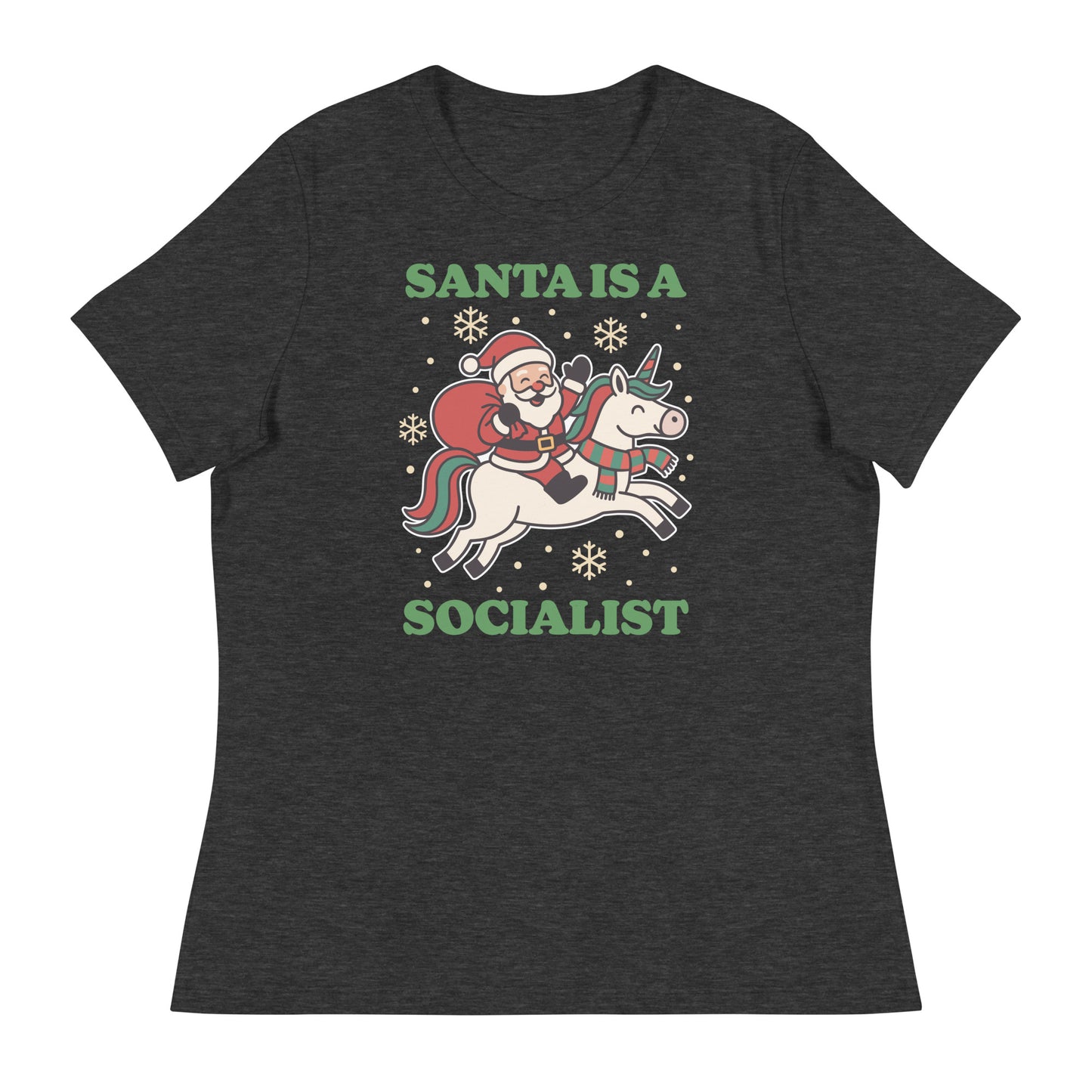 Dark heather gray women’s relaxed t-shirt featuring a retro Santa riding a unicorn with decorative stars and the printed message “SANTA IS A SOCIALIST,” designed by Blue Wave USA.