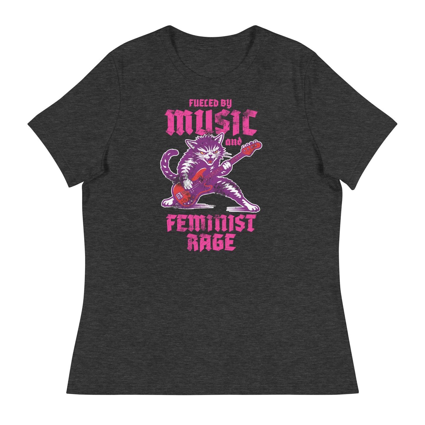 Charcoal heather gray women’s relaxed t-shirt shown flat, displaying the punk rock cat illustration with electric guitar and gothic text reading “FUELED BY MUSIC AND FEMINIST RAGE.”