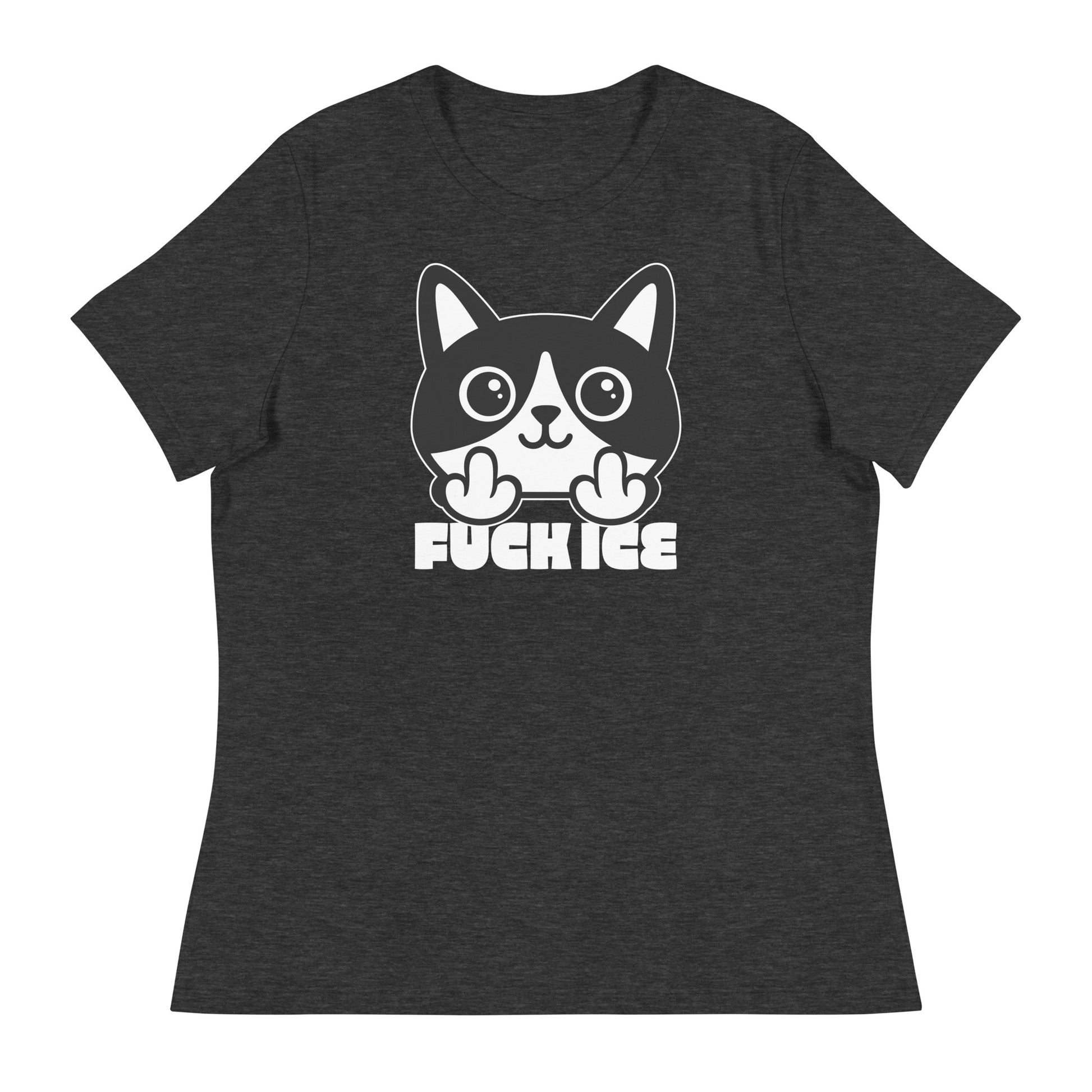 Charcoal heather women’s relaxed t-shirt featuring bold graphic cartoon cat flipping the middle finger, white print details, centered composition, printed message “FUCK ICE,” soft textured fabric.
