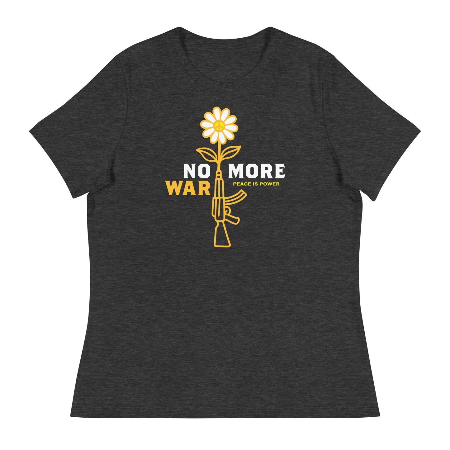 Dark heather gray women’s relaxed t-shirt with minimalist rifle transforming into daisy graphic and bold peace statement text.