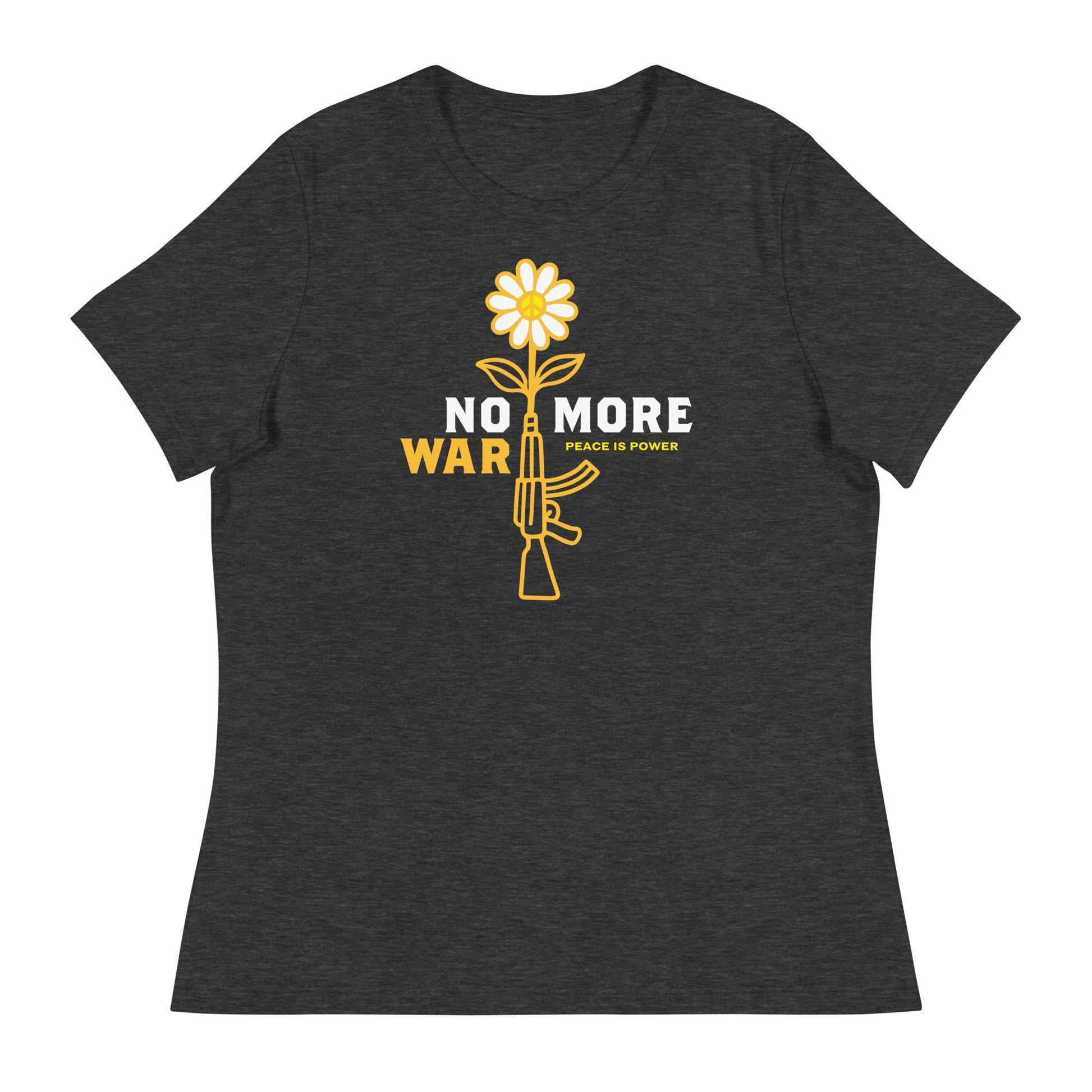 Dark heather gray women’s relaxed t-shirt with minimalist rifle transforming into daisy graphic and bold peace statement text.