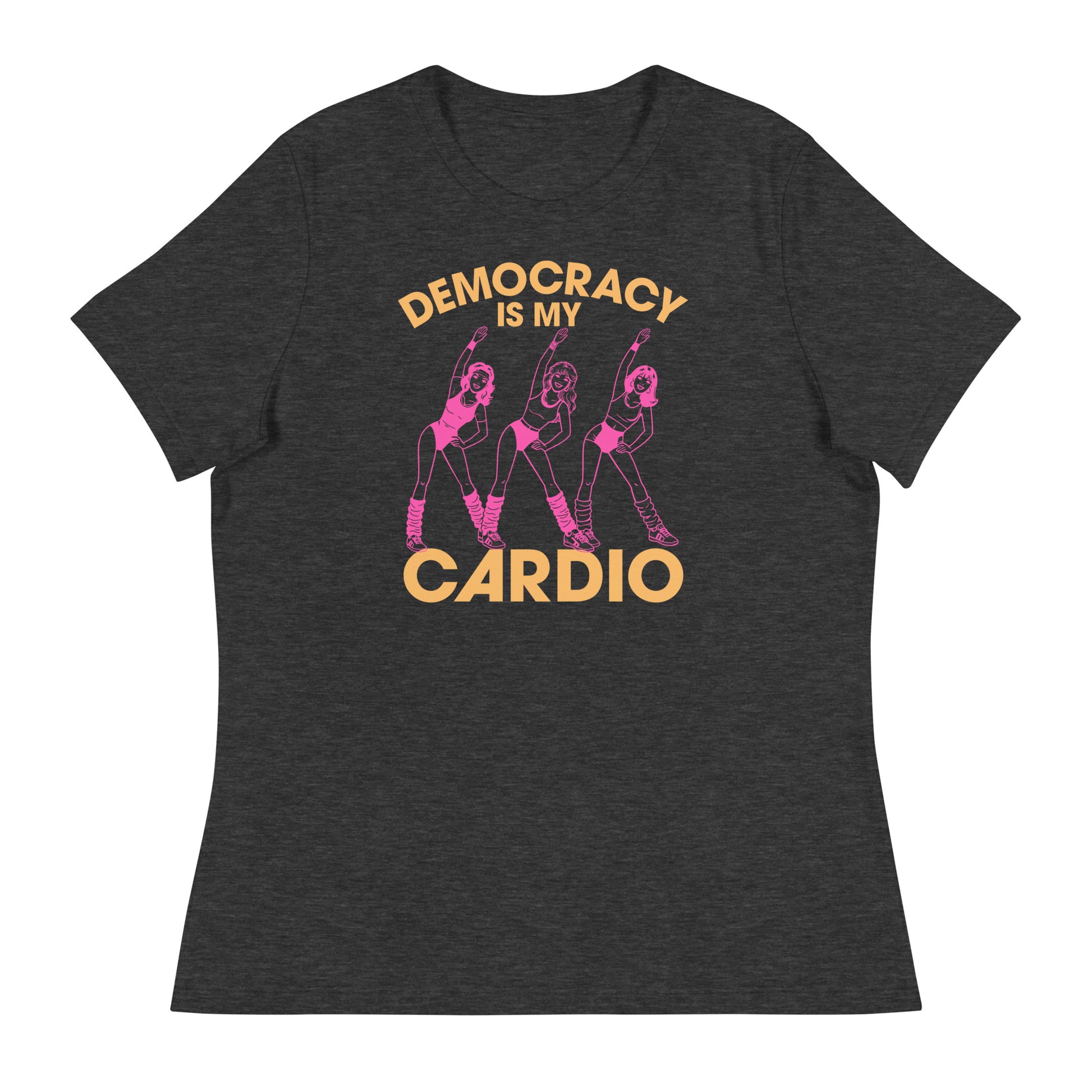 Dark heather women’s relaxed t-shirt displaying retro pink dance figures with phrase “DEMOCRACY IS MY CARDIO.”