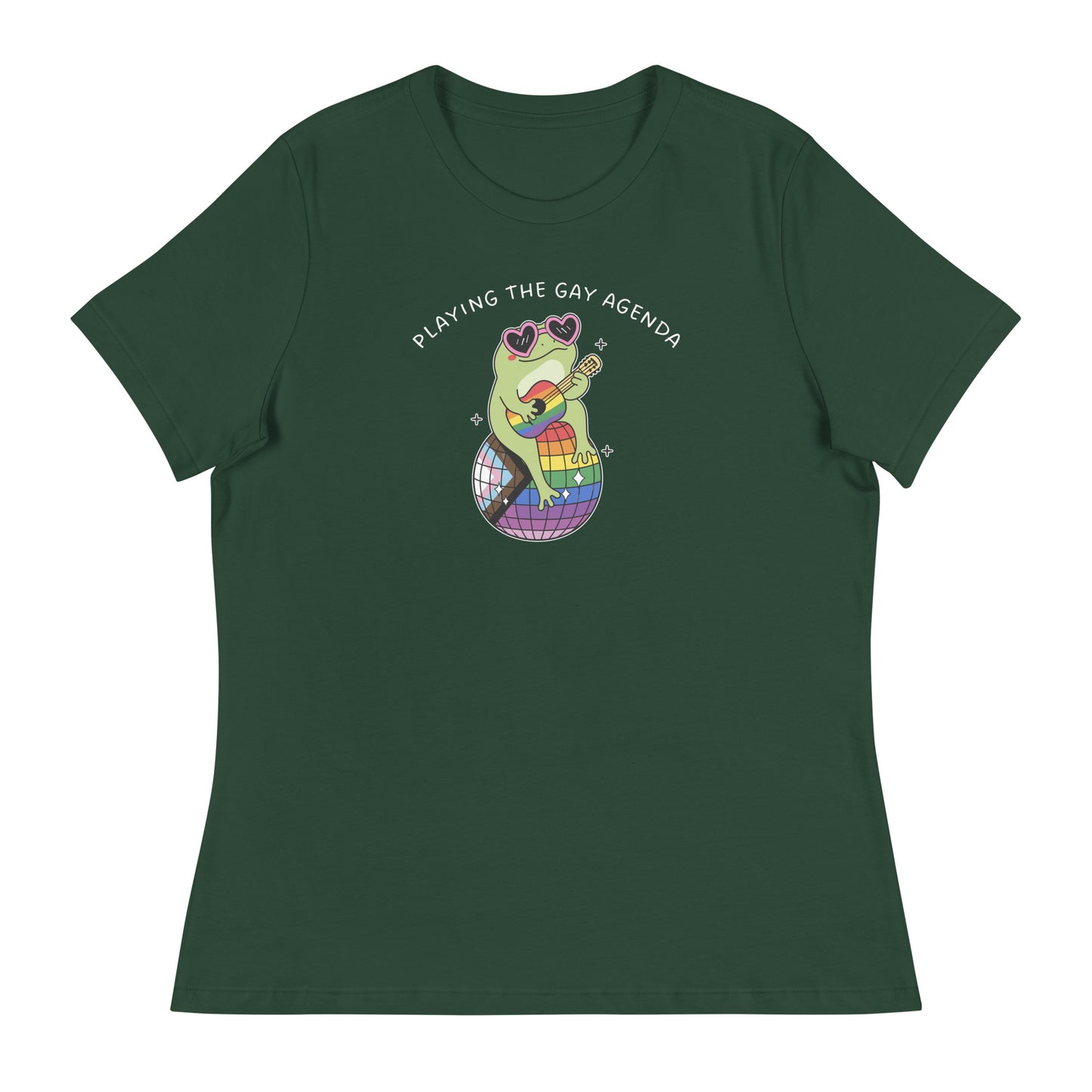 Green women’s relaxed t-shirt displaying a guitar-playing frog in heart-shaped sunglasses with rainbow disco ball artwork and LGBTQ+ pride-inspired design.