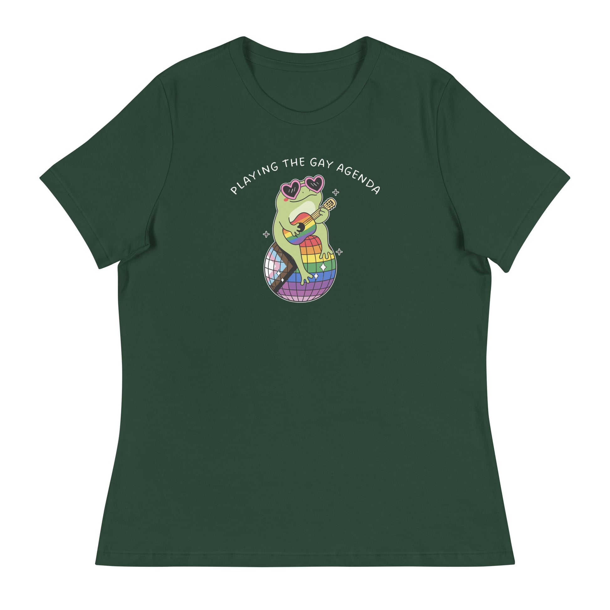 Green women’s relaxed t-shirt displaying a guitar-playing frog in heart-shaped sunglasses with rainbow disco ball artwork and LGBTQ+ pride-inspired design.