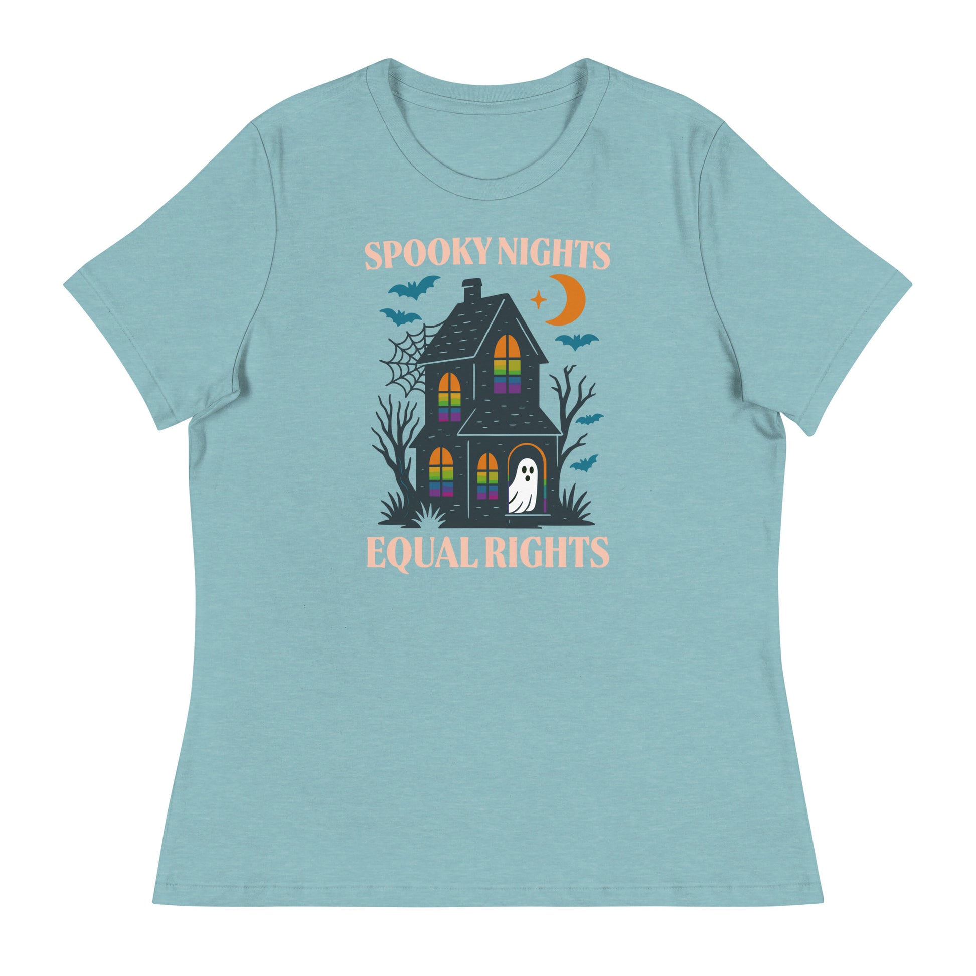 Heather blue “Spooky Nights, Equal Rights” relaxed fit shirt, progressive LGBTQ+ Halloween apparel by Blue Wave USA.