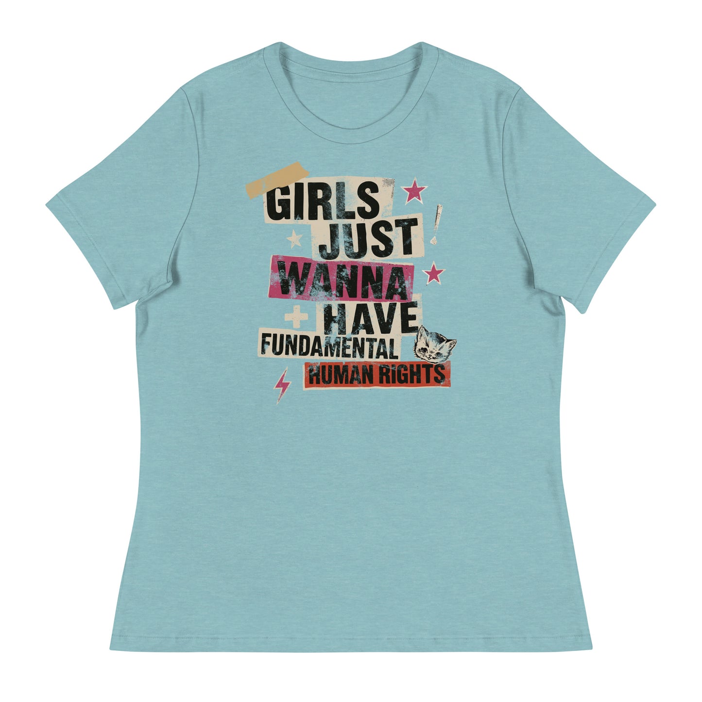 Heather blue lagoon shirt with punk collage feminist text and lightning bolts. Soft activist apparel that blends vintage rebellion and modern equality.