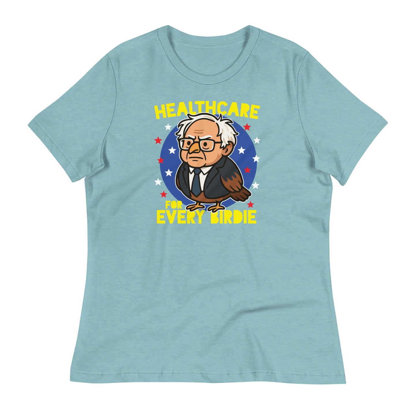 Heather light blue women’s relaxed t-shirt showcasing a cheerful Birdie Sanders owl graphic promoting universal healthcare through playful political parody.